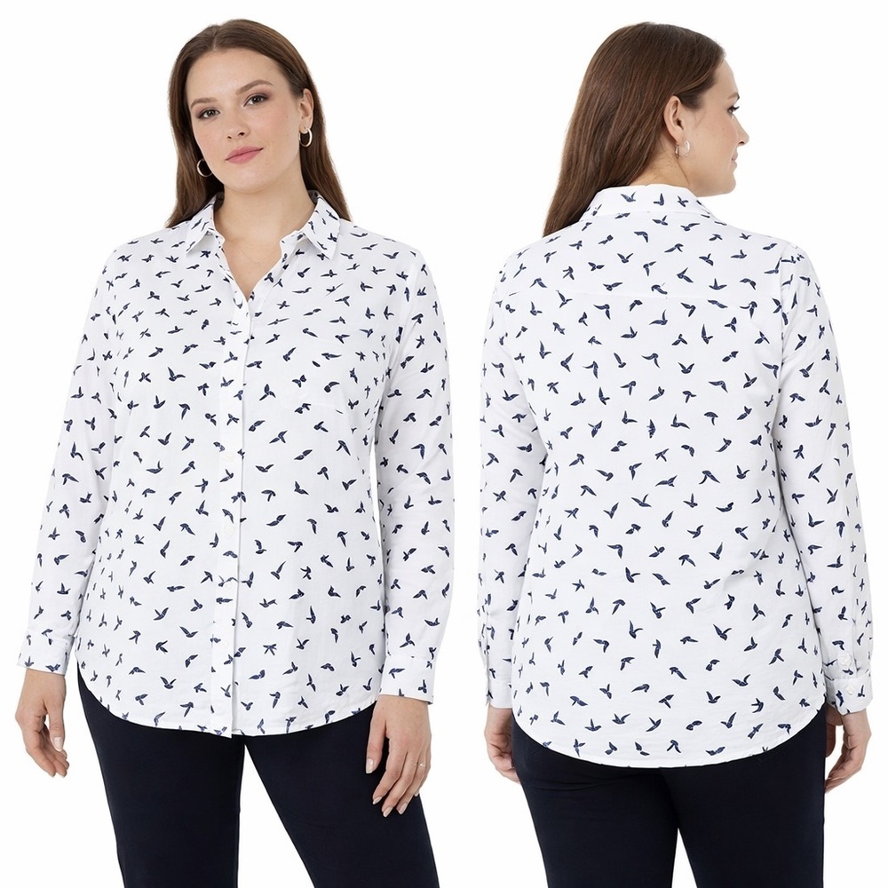 NWT Foxcroft Ava Wrinkle Free Shirt White Navy Long Sleeve Bird Print Size 16